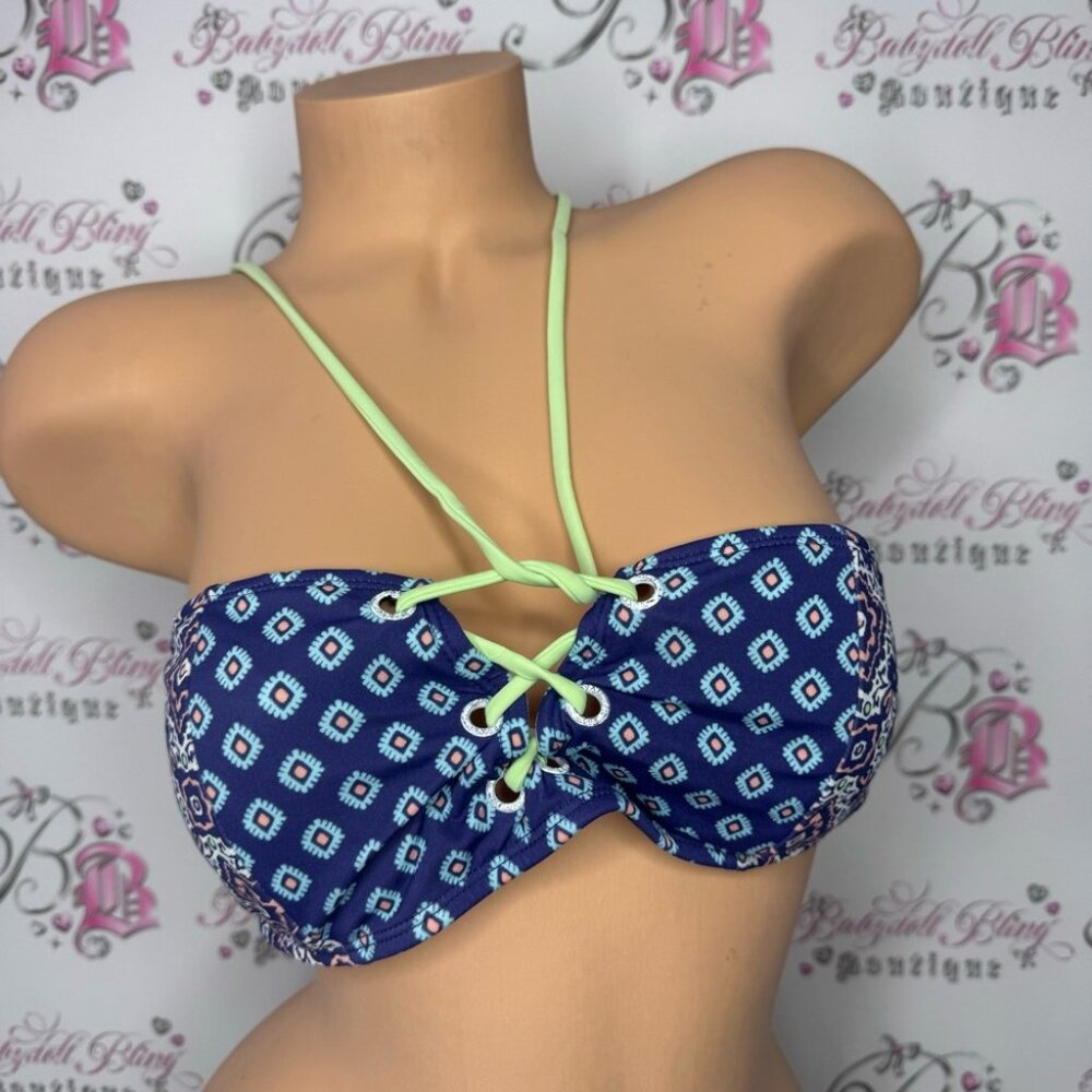 Roxy bikini top paisley print adjustable tassle bead straps corset lace up boho - Picture 10 of 12